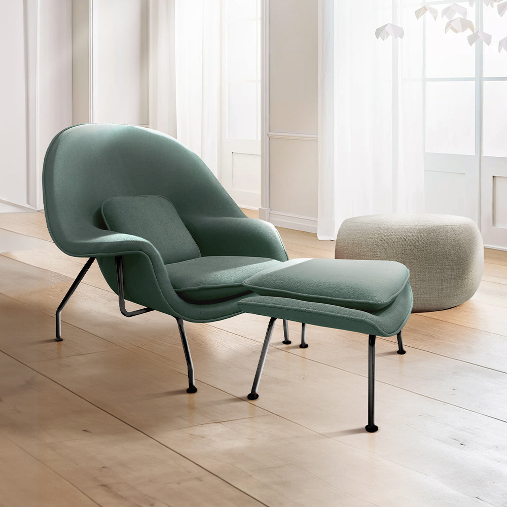 Sillón Womb con Otomana tela verde Musgo